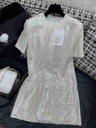 Basic & Casual Dresses Designer 2023 Early Autumn New Small Fragrant Round Neck Elegant Fashion Heavy Duty White Sequin Dress U15C