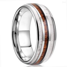 Cluster Rings Fashion Silver Color Men's Stainless Steel Koa Wood Deer Antler Inlay Dome Engagement For Men Women Wedding Jewelry