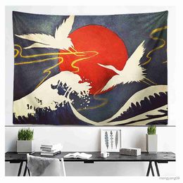 Tapestries Red Green Cranes Floral Leaves Tapestry Traditional Japanese Style Tapestries Watercolour Wall Hanging Cloth for Home Bedroom R230810