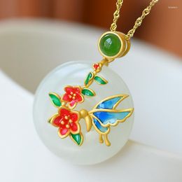 Pendant Necklaces Vintage Enamel Jewelry Charm Flower Dainty Hetian Stone S92 5 Golden Necklace For Women Wedding Party Year Gift