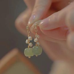 Dangle Earrings Small Fresh Square Green Stone Pearl For Women Elegant Gold Color Tassel Drop Earring Korean Fashion Party Jewelry Gift
