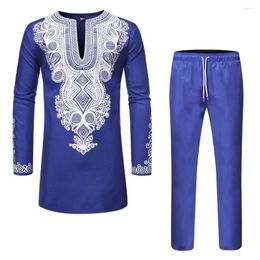 Ethnic Clothing Dashiki Mens Top Pant 2 Pieces Set 2023 African Men's Mid-length Deep V-neck Print T-shirt Loose Drawsting Pants Suit
