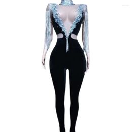 Stage Wear Nightclub Dj Party Pole Dance Outfit Sparkly Fringes Shoulder Full Rhinestone Jumpsuit Women Sexy Gogo Daner Costume XS6084