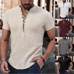 Men's Casual Shirts Summer Men Linen Cotton T-Shirt Shirt Tops Vintage Tunic Blouse Pullover Solid Beach Fashion Man