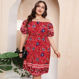 Plus Size Dresses 4xl 5xl Summer Bohemia Style Red Print Dress Fat Woman Line Neck Loose Plus-size Lady Skirt