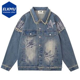 Mens Jackets Men Fashion Blue Jeans Jacket Star Splicing Oversized Harajuku Hip Hop Streetwear Denim 230810