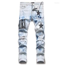 Men's Jeans Men Distressed Light Blue Stars Ripped Straight Leg Slim Fit Casual Pants Trousers