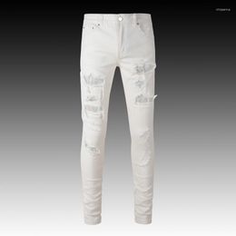 Men's Jeans Street Fashion Men White Elastic Slim Fit Ripped Hole Trousers Patch Designer Brand Hip Hop Stretch Denim Pants