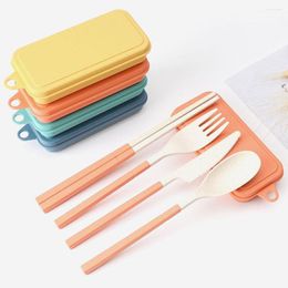 Dinnerware Sets Knife Cutlery Set Straw Chopsticks Wheat Tableware Picnic Student Camping Fork Spoon 4pcs/set Utensils Portable Foldable