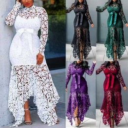 2022 Hot Sell Women Long Sleeve Bow Belted Irregular Hem Hollow Lace Sexy Bodycon Long Dress T230810
