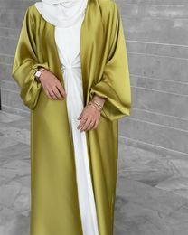 Ethnic Clothing Satin Open Abaya Turkey Kimono Abayas For Women Dubai Bubble Sleeve Plain Muslim Hijab Dress Islam Modest Outfit Kaftan Robe