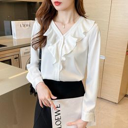 Women's Blouses Shirts And 2023 Autumn French Romantic Ruffled Stitching V-neck Long Sleeve Shirt Women Commuter Satin OL Tops Mujer