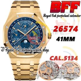 BFF bf26574 Complicated Function Cal.5134 A5134 Automatic Mens Watch 41mm Moon Phase Blue Textured Dial Stick Markers Gold Stainless Bracelet eternity Watches