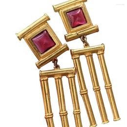 Backs Earrings Retro Square For Women Light Luxury Medium Ancient Trendy Wind Chimes Long Niche Design And Elegant Clip