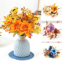 Decorative Flowers Artificial Dahlia Sunflower Berry Bouquet Branch Simulation Home Decor Wedding Living Room Fake