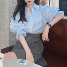 Women's Blouses Summer Sweet French Puffed Sleeve Blue Shirt Fashion Comfortable Thin Shoulder Design Sense Five-quarter Top Blouse Women