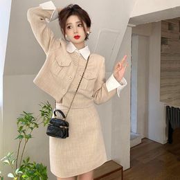 Two Piece Dress Insozkdg Autumn Product Small Fragrance Style Ladies Two-piece Tweed Long-sleeved Suit Short Coat High-waisted Skirt Skirts