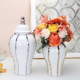 Ceramic Ginger Pot Vintage General Jar Gold and Silver Stripes Porcelain Handicraft Decoration Flower Vases Home Accessories HKD230823