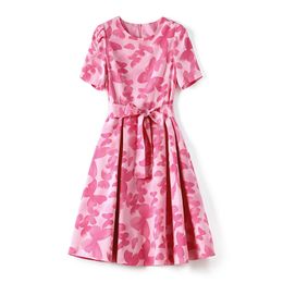 2023 Summer Pink Floral Print Waist Belted Dress Short Sleeve Round Neck Knee-Length Casual Dresses W3Q014309