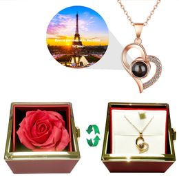 Wedding Jewellery Sets Projection Necklace With 360° Rotating Rose Gift Box 2023 In Creative Trendy Heart Pendant For Women Christmas 230809