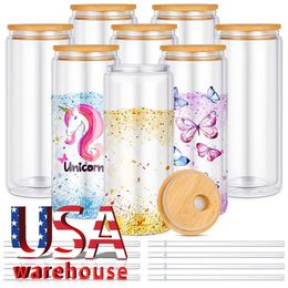 Usa CA Warehouse 16OzPre-Drilled Double Wall Sublimation Blanks Snowglobe Glass Beer Can Tumbler With Bamboo Lids