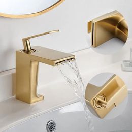 Bathroom Sink Faucets Brushed Gold Brass Faucet Waterfall Wash Basin High Quality Hand Cold Water Washbowl Tap