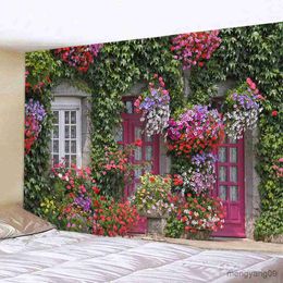 Tapestries Tapestry Aesthetics Spring Flower Fence Tapestry Pink Rose Plant Flower Wall Garden Window Natural Scenery Home Decoration R230810