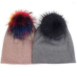 Berets Geebro Women Fashion Cotton Ribbed Knitted Beanie Men With Real Fur Pompom Hats Adult Solid Colour Warm Skullies Caps Bonnet