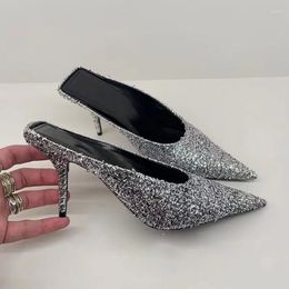 Slippers Star Ins Style Rhinestone Stiletto Pointed Toe Sandals Glitter Sequin Pumps Women Party Prom Shoes Designer Runway Shoe