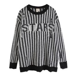 Men s Sweaters Streetwear Letter Embroidery Hole Colour Black Vertical Stripe Wool for Men and Women Crew Neck Baggy Y2K Pullover Tops 230809