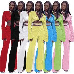 Designer Tracksuits Women Two 2 Piece Sets Fall Long Sleeve Vintage Bandage Flared Sleeve Top and Wide Leg Pants Casual Sportswear Solid Outfits Clothes 8306