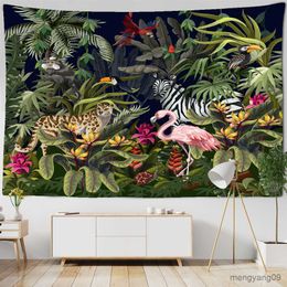 Tapestries Tropical Jungle Animal Tapestry Green Plant Palm Leaves Wall Covering Giraffe Zebra Living Room Bedroom Background Wall Cloth R230810