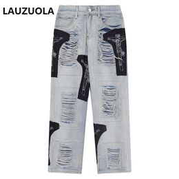 Mens Pants High Quality Luxury Patchwork Black Blue Hip Hop Jeans Trousers Men Worn Out Hole Casual Denim 230809