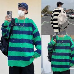 Men's Sweaters Mens Vintage Cable Knit Sweater Harajuku Letters Jacquard Striped Knitwear Long Sleeve Ripped Distressed Pullover Top