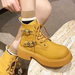 Boot Lace Up Chunky Motorcycle Block Heel Black Punk Platform Shoes Buckle Design Female High Quality Ankle Boot 230810