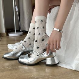 Women Socks Black And White Mesh Letter A Spring Summer Thin Style Breathable Vertical Bar Sports Pure Cotton