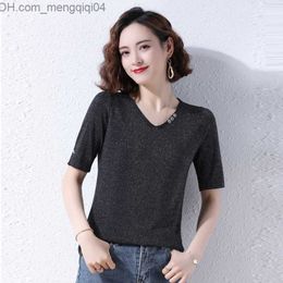 Women's T-Shirt Summer Bright Silk V-Neck Button Women's Solid Short Sleeve Knitted Top Korean Soft Loose Knitted Zipper S-2XL Z230810