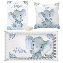 Bedding sets LVYZIHO Baby Boy Crib Custom Name Flower Blue Elephant Bedding Set Baby Shower Gift Bedding Set 230809