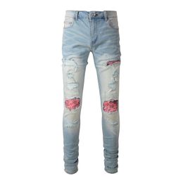 Mens Jeans Rock punk style design Men Print Patch Streetwear Skinny Tapered Stretch Denim Pants Light Holes Ripped Trousers jeans 230809