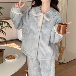 Women's Sleepwear Pyjama Sets Women Winter Cosy Korean Turn Down Collar Fashion Simple Comfortable Baggy Femme Warm Homewear Thicker