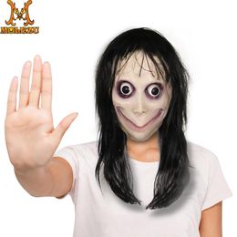 Party Masks Molezu Funny Scary Party Mask Latex Clown Cosplay Full Head Momo Mask Big Eye With Long Wigs Masquerade Halloween Party 230809