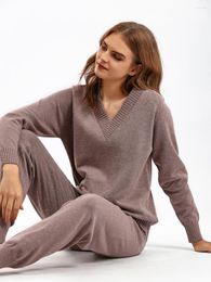 Women's Sleepwear 2 Pieces Loose Knitted Loungewear Women Autumn Winter V Neck Sweater Harem Pants Home Suit Casual Pullover Set Korean