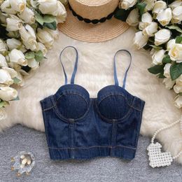 Women's Tanks Foamlina Vintage Denim Corset Bustier Top Women Fashion Summer Blue Adjustable Strap Sleeveless Slim Sexy Club Cropped Camis