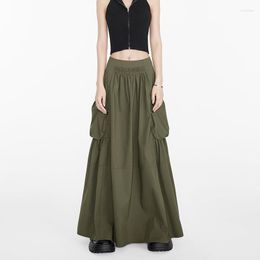 Skirts Military Green Long For Women Fashion 2023 Large Swing Maxi High Waist Pocket Workwear A-line Retro Korean