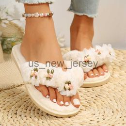 Slippers Elegant Flower Decor Fur Flip Flops Women 2023 Autumn Winter Clip Toe Flat Heels Fluffy Slippers Woman Soft Sole Plush Slides J230810