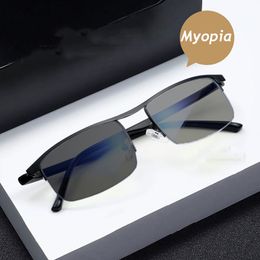 Reading Glasses Metal Half Frame Pochromic Myopia Glasses Fashion Blue Light Blocking Minus Sunglasses Unisex Optical Short Sight Eyewear 230809