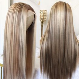 Highlight Brown Lace Front Wig Long Straight Synthetic Lace Wigs for Women Middle Part Highlight Blonde T Part Glueless Lace Wig 100% human hair