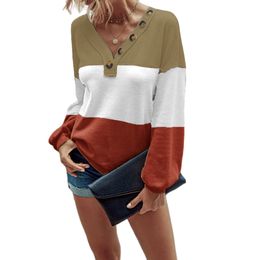 Womens Hoodies Sweatshirts Waffle V Neck Colour Block Sweater Long Sleeve Button Front Knit Pullover Top 230809