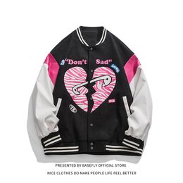 Mens Jackets Letterman Broken Heart High Streetwear Stadium Award Patchwork Men Baseball Bomber Jacket Unisex Women Varsity Coat Couple Chic 230809