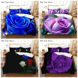 Bedding sets Luxury Blue Purple Rose Printed Set 3D Flowers Pattern Duvet Cover Bedspread 220x240 King Queen Size for Adult Couples 230809